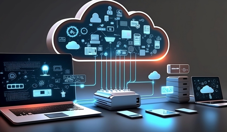 Cloud technology, computing. Devices connected to digital storage in the data center via the Internet, IOT, Smart Home Communication laptop, tablet, phone home devices with an online. (Generative AI).